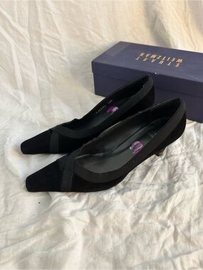 Stuart Weitzman Black Suede Pointed Kitten Heel Pumps
